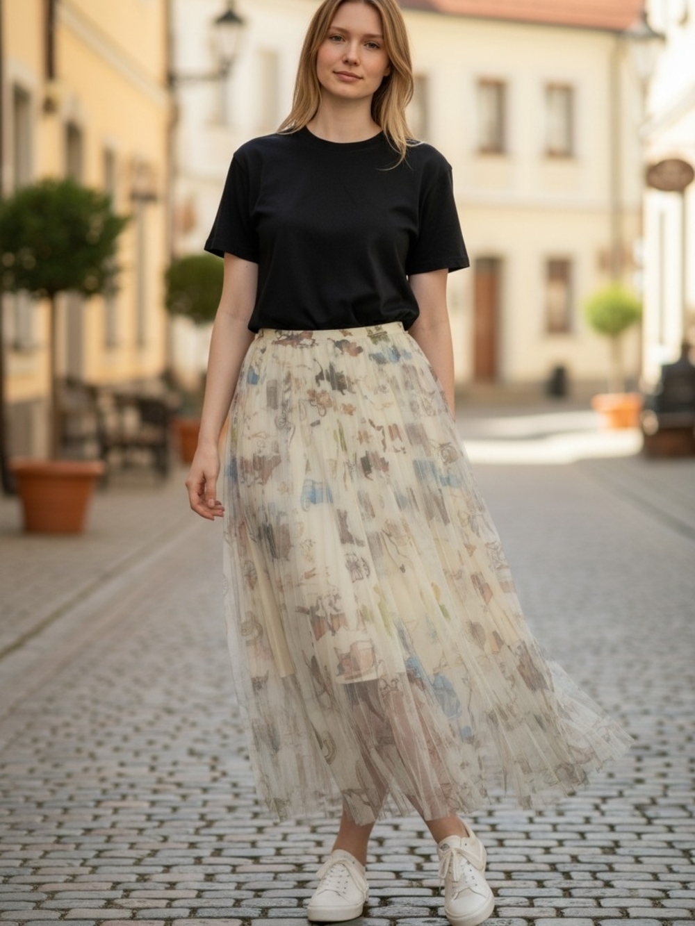 Women's Western Theme Pleated Midi Skirt - Ivory Multi